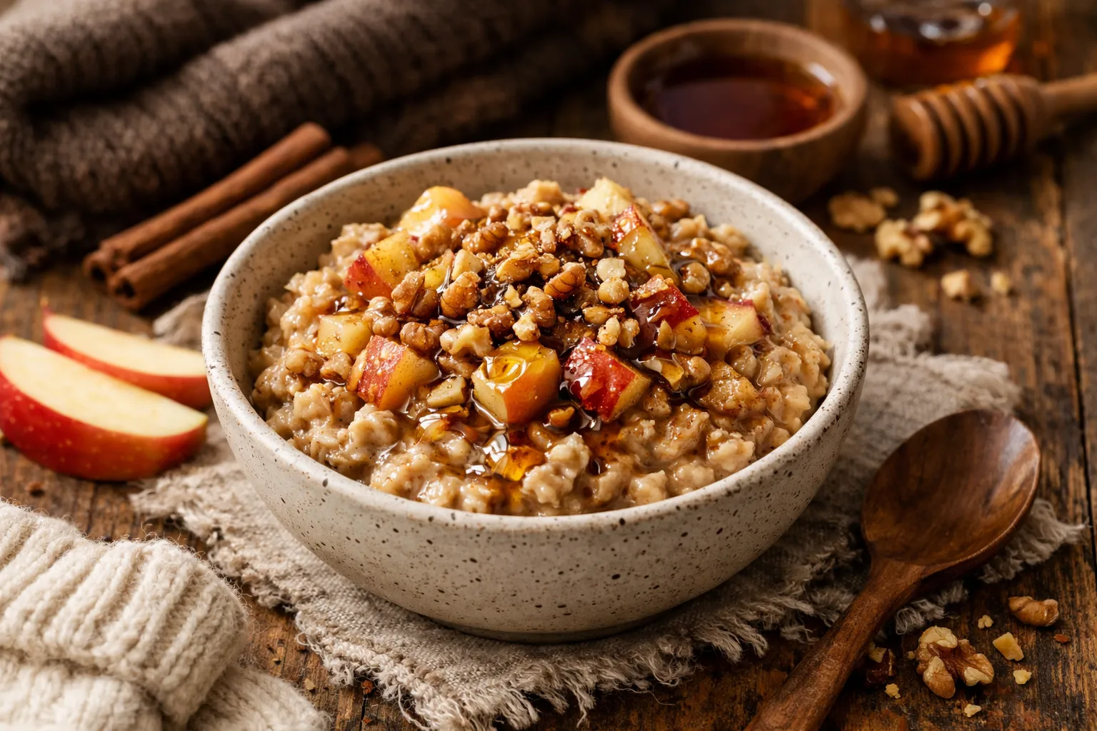 A bowl of oatmeal topped with apples, walnuts, and syrup.